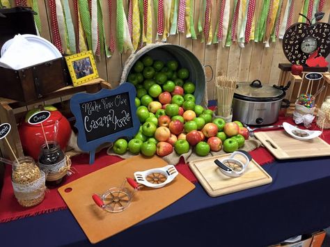 Apple Themed party for Teacher Welcome Back Luncheon Carmel Apple bar Staff Lounge Food Ideas, Staff New Year Welcome Back, Fall Teacher Appreciation Luncheon, Fall Themed Appreciation Gifts, Teacher Appreciation Apple Bar, Pta Luncheon Ideas, Caramel Apple Bar Set Up, Fall Luncheon Ideas Food, Carmel Apple Bar For Teachers