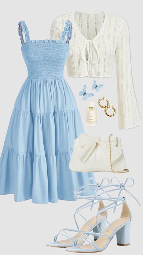 #blue #dress #cardigan #churchoutfit #easter #summer #outfitideas #modestoutfit #outfit #lightblue #modesty #coquette #coastal #ootd Modest Girly Outfits, Modesty Outfits, Cute Modest Outfits, Cute Dress Outfits, Everyday Fashion Outfits, Casual Day Outfits, Quick Outfits, Easy Trendy Outfits, Modest Fashion Outfits