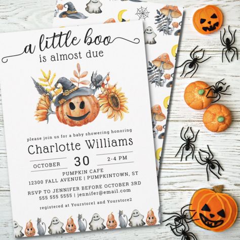 Budget Halloween Pumpkin Little Boo Baby Shower Little Boo Is Almost Due, Budget Baby Shower, Halloween Baby Shower Theme, Floral Baby Shower Invitations, Baby Shower Pumpkin, Halloween Baby, Baby Shower Fall, Halloween Invitations, Baby In Pumpkin