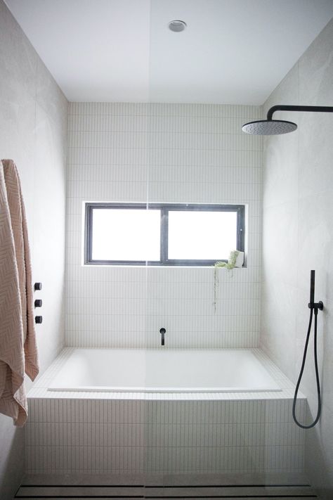 Bathrooms With Inset Baths, Built In Bath With Shower Over, In Built Bath, Small Wet Room With Bath, 2 Person Bathtub Shower Combo, Bath Shower Small Bathroom, Built In Bath Tiles, Shower Bath Wet Room, Modern Shower Over Bath