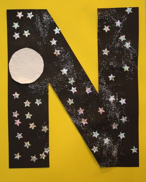 N is for Night Sky Letter Recognition Activities N Is For Night, Letter N Activities, Preschool Letter Crafts, Abc Crafts, The Letter N, Alphabet Letter Crafts, Letter Recognition Activities, Letter Crafts, Alfabet Letters