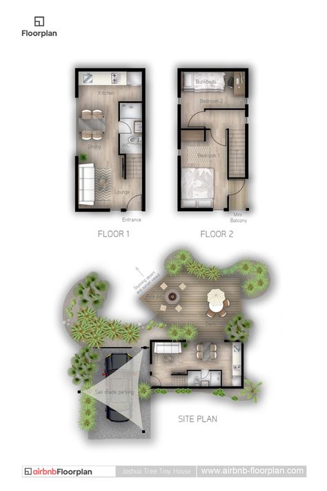 Adding a floor plan to this Airbnb listing in Joshua Tree, California shows that this tiny house offers all the essential spaces and amenities a guest could need. It also showcases the ample external deck which is a great attraction for potential guests. Small House Airbnb, Airbnb House Plans, Airbnb Tiny House, Airbnb House Design, Airbnb Architecture, Airbnb Plans, Tiny House Concept, Tiny Airbnb, Tiny Villa