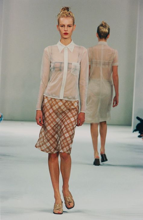 Spring Summer 1996 Fashion Show | Miu Miu 1996 Fashion, Prada 2005, 90s Runway, 90s Runway Fashion, Sheer Skirt, Miuccia Prada, 90s Fashion, Runway Fashion, Miu Miu