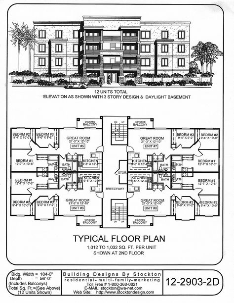 Building Designs by Stockton: Plan # 12-2903-2D Hospital Floor Plan, Small Apartment Building Design, Residential Building Plan, Small Apartment Building, Hotel Floor Plan, Building Layout, Plans Architecture, Hotel Plan, Townhouse Designs