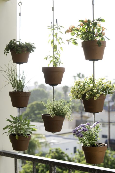 Make a DIY vertical garden that easily fits in an apartment balcony or small backyard! This space saving garden uses ropes, a few cuts of wood and clay garden pots to display and hang flowers, herb or vegetables. We give you directions to make this DIY outdoors project and suggest plants to pot in the clay containers. Hanging Herb Gardens, Diy Vertical Garden, Vertical Herb Gardens, Pots Ideas, Vertical Vegetable Gardens, Small Herb Gardens, Pergola Diy, Hanging Herb Garden, Diy Hanging Planter