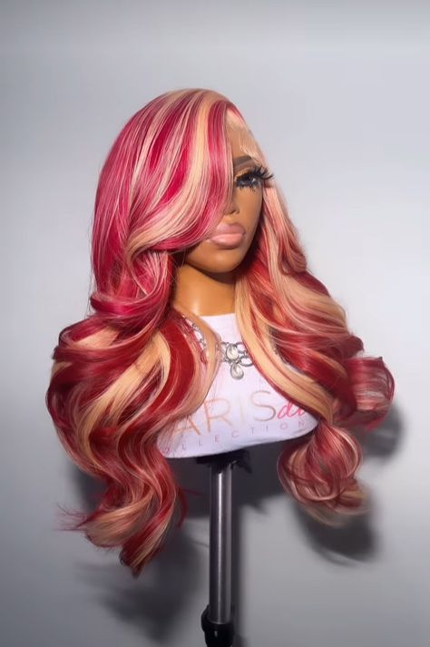 Blonde And Red Highlights Black Women, Red And Blonde Wig For Black Women, Blonde And Red Wig, Exotic Wigs, Peach Wig, Wig Installs, Exotic Hairstyles, Frontal Wig Hairstyles, Wig Colors