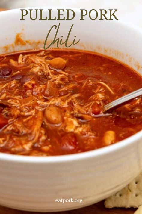 Savory pulled pork chili made of kidney, great northern, and chili beans, brown sugar, unsweetened cocoa powder, hot sauce, seasonings, red onion, beef broth, diced tomatoes, tomato sauce, and black coffee.