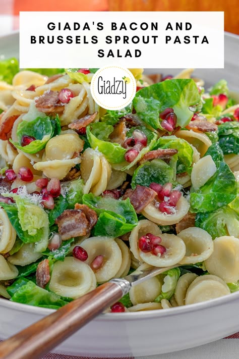 Giada's super easy pasta salad with bacon, brussels sprout and pasta! Giada Brussel Sprout Pasta Salad, Giada De Laurentiis Brussel Sprout Pasta Salad, Bacon Brussel Sprout Pasta Salad Giada, Brussels Sprout Pasta Salad, Giada Fall Pasta Salad, Giada De Laurentiis Pasta Salad, Christmas Pasta Salad Food Network, Bacon Brussel Sprout Pasta, Giada Salad Recipes