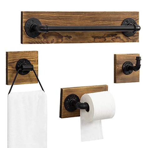 Western Style Bathroom, Modern Western Bathroom, Bathroom Industrial Style, Cabin Apartment, Industrial Farmhouse Bathroom, Pipe Toilet Paper Holder, Black Bathroom Hardware, Bathroom Wood Shelves, 2024 Bathroom