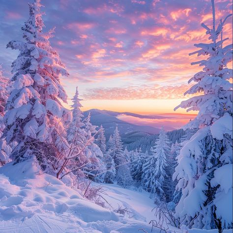 Winter Wonderland Sunrise: A breathtaking sunrise paints the sky in vibrant hues over a serene snow-covered mountain landscape. #winter #sunrise #snow #nature #landscape #trees #sky #morning #aiart #aiphoto #stockcake https://ayr.app/l/g62H Beginning Of Winter Aesthetic, Snowy Mountains Photography, Winter Sky Painting, Snow Scenes Winter Landscape, Snow Landscape Photography, Winter Wonderland Aesthetic, Snow Landscape Painting, Snowy Sunrise, Snow Sunrise