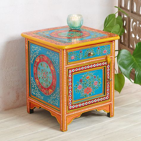 Jaisalmer Compact Cupboard | Culture Vulture Mehndi Motifs, Indian Side Table, Chest Table, Bone Inlay Dresser, Culture Vulture, Bone Inlay Tray, Indian Mehndi, Drawer Side Table, Painted Cupboards