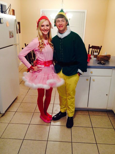 Buddy and Jovie #christmas #costumes #buddy #jovie #elf #dressup #halloween #tutu #tights Diy Jovie Elf Costume, Elf And Jovie Costume, Buddy The Elf And Jovie Costume, Buddy And Jovie Costume, Elf Movie Parade Float, Jovie Elf Costume Diy, Jovie Elf Costume, Christmas Character Day, Cute Costumes Ideas