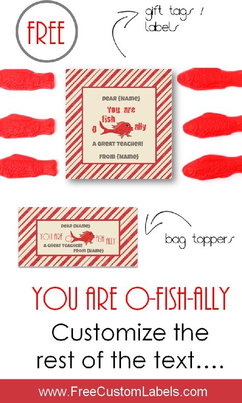 You-are-o-fish-ally-labels and bag toppers. Make a cute gift for teacher appreciation. The bag toppers can be customized online. Fish Printables, O Fish Ally, Labels Printables Free, Bag Topper, Bag Toppers, Free Labels, Retirement Party, Teacher Appreciation Week, Gift For Teacher