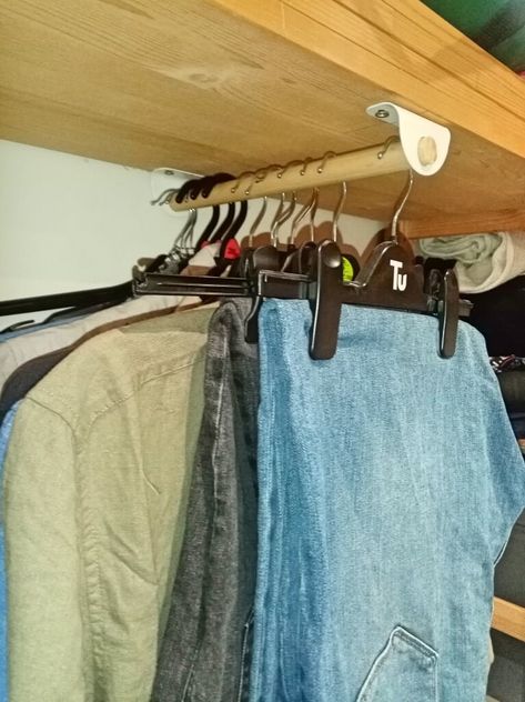 IVAR front facing clothes rail for narrow spaces - IKEA Hackers Diy Clothes Rail, Ivar Shelf, Ikea Ivar Shelves, Easy Diy Home Projects, Ikea Wardrobe, Ikea Ideas, Closet Hacks, Ikea Ivar, Open Closet