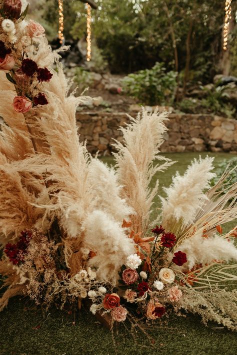 Boho wedding at Calamigos Ranch in Southern California. Fall wedding color palette, bridal bouquet with fall tones and pampas grass, blush bridesmaid bouquets, boho wedding ceremony decor, string lights, triangle arch with pampas grass Photos by Lauren Mihae Photography Officiating A Wedding, Boho Wedding Ceremony Decor, Boho Autumn Wedding, California Fall, Boho Wedding Ceremony, Boho Autumn, Fall Wedding Color Palette, Calamigos Ranch, Church Wedding Decorations