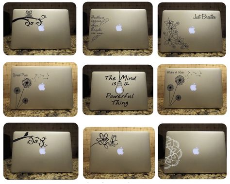 Die cut custom vinyl decals for your laptop or any smooth surface. Laptop Vinyl Decal Ideas Cricut, Cricut Laptop Decal, Laptop Vinyl Decal Ideas, Laptop Decals Cricut, Laptop Design Ideas, Laptop Decoration Ideas, Cute Vinyl Decals, Dream Catcher Decal, Truck Window Stickers