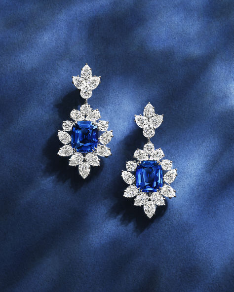 Pear-shaped and round brilliant diamonds form a halo around two rare cushion-cut sapphires in this pair of earrings. Handcrafted by the House’s master artisans, the high jewelry gems capture Harry Winston’s unparalleled gemological expertise and design philosophy. Consult with a specialist to learn more about these jewels. Harry Winston Earrings, Winston Blue, Aesthetic Luxe, High Jewelry Design, Cushion Cut Earrings, Royal Blue Earrings, Product Ads, Diamond Chandelier Earrings, Diamond Jewelry Earrings