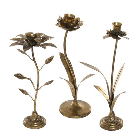 Features: Measures: Small 4" L 4" W x x 10.5" H Medium: 7" L 4.5" W x x 13" H Large: 6.5" L 6" W x x 12" H Sold Individually or as a Set of 3! Fits Up To A 1" Taper Candle  Material: Bronze Metal Semi-Adjustable Stems and Leaves  Candle Not Included Imported Pair With a Set of Our Taper Candles; Sold Separately: Flameless: HMD1388 Hand-Dipped Wax: HMD1365 This Adjustable Bronze Metal Flower Taper Candleholder Tabletop Décor adds a perfect accent to any home décor. Its striking design and classic Gold Candles Holder, Bath Makeover, Leaves Candle, Gold Candle Holders, Girl’s Room, Tabletop Accessories, Mini Vase, Wildflower Wedding, Metal Flower