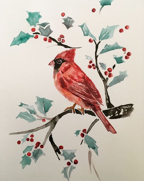 Redbird Painting, Red Bird Drawing, Cardinal Drawing, Tree Painting Easy, Beachy Tattoos, Cardinal Watercolor, Pine Tree Drawing, Action Art, Needle Painting