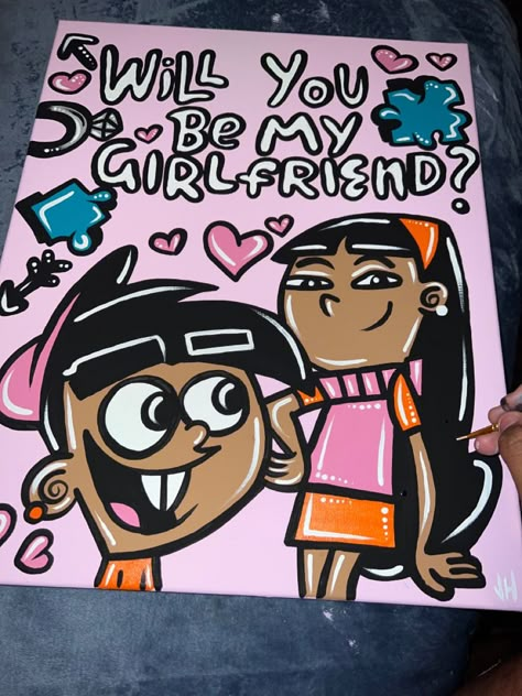 Will You Be My Girlfriend Painting, Fye Drawings, Valentines Drawing Ideas, Tiny Canvas Ideas, 90s Cartoon Canvas Painting, Senior Parking Spot Painting, Bedroom Art Painting, Will You Be My Girlfriend, Love Yourself Album