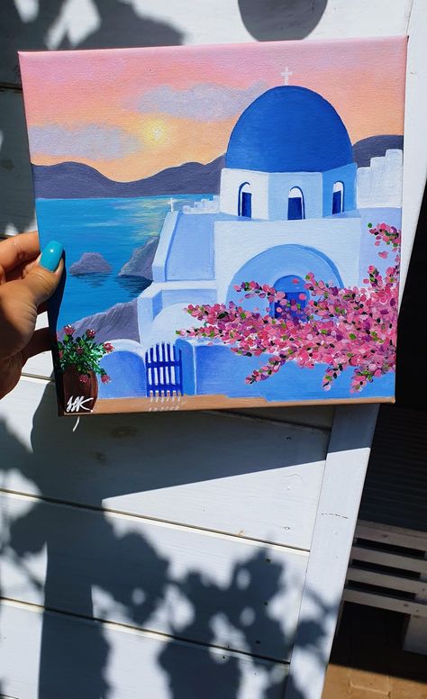 Painting Ideas On Canvas Greece, Easy Simple Painting Ideas On Canvas Summer, Greece Painting Aesthetic, Ideas Of Paintings Canvases, Canvas Painting Ideas Square, Greece Painting Easy, Painting Ideas Sea, Pretty Painting Ideas, Painting Ideas On Big Canvas