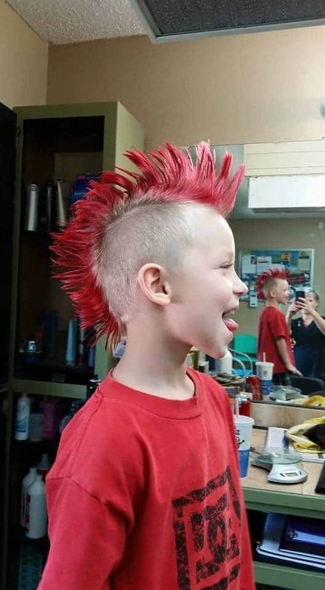 Red Mohawk Men, Rock Haircut Men, Kids Mullet Haircut, Thadingyut Festival Design, Wild Haircut, Levi Haircut, Boys Mohawk, Hairstyles Mohawk, Red Mohawk