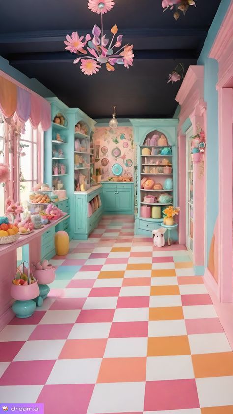 Candy Shop Aesthetic, Barbie Sims, Rainbow Rangoli, Rainbow Rooms, Candy Room, Colorful Room Decor, 80s Interior, Kawaii Store, Fairytale House