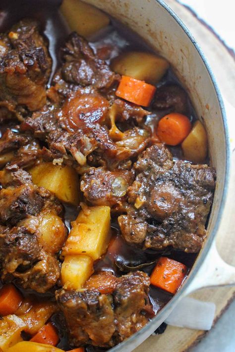 Rabo Encendido (Cuban Oxtail) - Cooked by Julie Oxtail Recipes Puerto Rican, Cuban Oxtail Recipes Instant Pot, Cuban Oxtail Stew, Oxtail Puerto Rican, Puerto Rican Oxtail Recipes, Spanish Oxtail Recipes, Cuban Oxtail Recipes, Cuban Stew, Cuban Soup