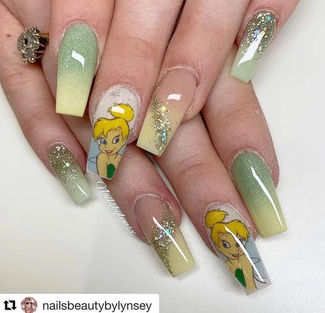 Disney Princess Nail Designs, Tinkerbell Nails Designs, Tinker Bell Nails, Tinkerbell Nails, Princess Nail Designs, Disneyland Nails, Disney Inspired Nails, Disney Acrylic Nails, Minnie Mouse Nails