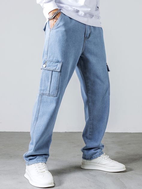 Light Wash    Denim Plain Straight Leg Embellished Non-Stretch  Men Denim Blue Cargo Pants Outfit, Trendy Mens Jeans, Cargo Jeans Men, Jamie Miller, Cargo Jeans Outfit, Aop Print, Denim Pants Men, Cargo Pants Outfit Men, Straight Leg Jeans Outfits