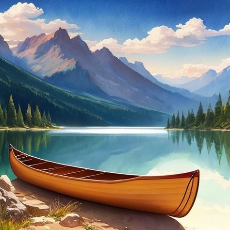 Canoe Painting, Canoe On Lake, Canadian Lakes, Art Frog, Easy Landscape, Easy Landscape Paintings, Friend Painting, Large Canvas Painting, Inspiration Painting