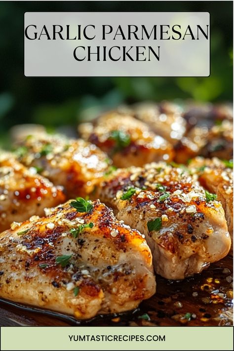 Discover the ultimate combination of crispy, juicy, and cheesy with this Garlic Parmesan Chicken recipe. Perfect for serving with pasta, veggies, or on its own, it’s a versatile and crowd-pleasing dish you’ll love.  #ChickenRecipeIdeas #GarlicAndParmesan #EasyCooking #DinnerDelights #FamilyMeals Chicken Thigh Garlic Parmesan, Sides For Garlic Chicken, Breaded Garlic Chicken, Garlic Parmesan Chicken Legs Baked, Garlic Parmesan Marinade, Roasted Garlic Parmesan Chicken, Garlic Parmesan Chicken Bake, Garlic Parmesan Chicken Thighs, Lemon Garlic Parmesan Chicken