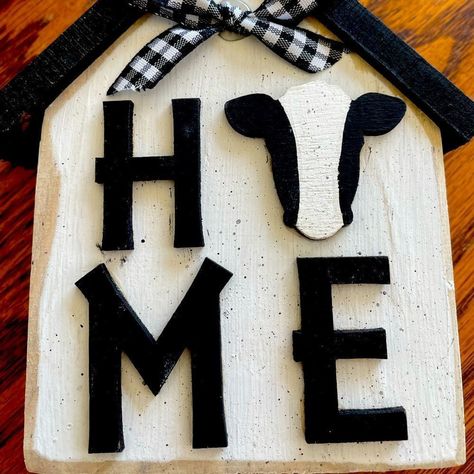 House Shaped, Says Home With A Cow On It. Farmhouse, Rustic Decor. Black And White Cow Print Signs, Cow Signs Wooden, Cow Print Name Sign, Cow Print Wood Sign, Cow Signs Farmhouse, Winter Tree Decorations, Textured Bowls, Black Pig, Cow Craft