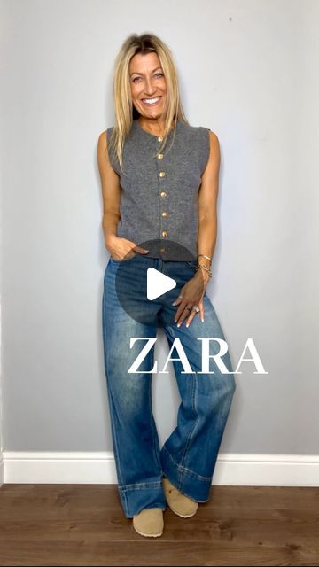 Wide Leg Grey Jeans, High Waisted Wide Leg Jeans Outfit, Zara Pieces, Black Denim Maxi Skirt, Grey Waistcoat, Crop Denim Jacket, Wide Leg Jeans Outfit, High Waisted Wide Leg Jeans, Sleeveless Jumper