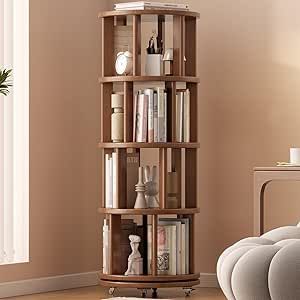 KASLANDI Solid Wood Rotating Bookshelf with Brake Wheels, 360°Display 4 Tier Floor Stackable Spinning Bookshelf Tower for Kids&Adults, Revolving Bookcase for Small Space,Corner(Walnut) Swivel Bookcase, Desk Bookshelf Combo, Ceiling Bookshelf, Spinning Bookshelf, Rotating Bookcase, Red Bookshelf, Rotating Bookshelf, Unique Bookcase, Unique Bookshelves