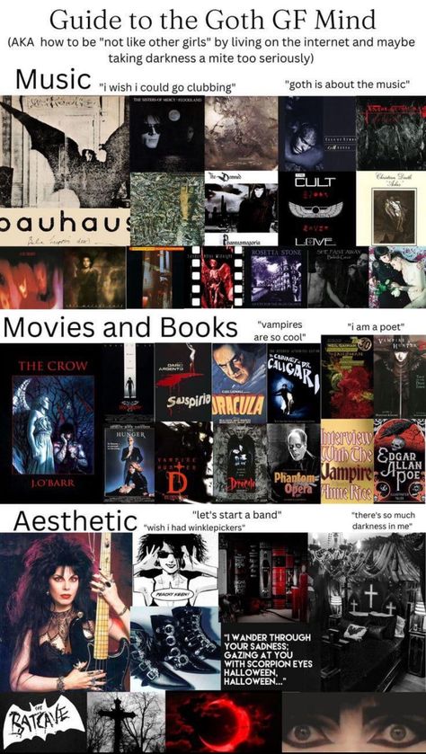 Goth Vision Board Ideas, 90s Gothic Aesthetic, How To Dress Goth With Normal Clothes, Goth Nerd Aesthetic, Goth Bands List, Goth Music Recommendations, Goth Movies List, 70s Goth Aesthetic, Goth Genres