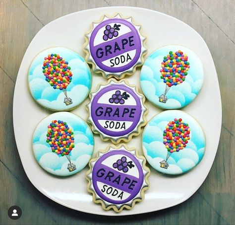 Up Themed Cookies, Movie Cupcakes, Grape Soda Pin, Up Cookies, Disney Parties, Senior Sunday, Baby Birthday Party Theme, Birthday 4, Disney Cookies