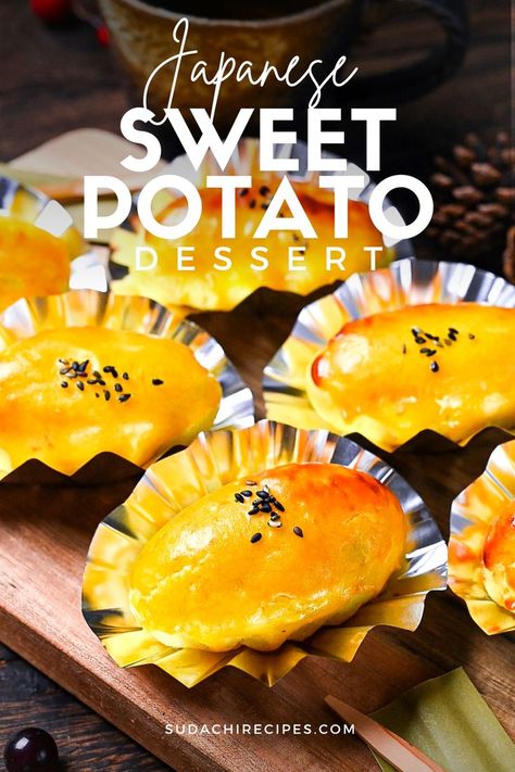 Miniature Japanese Sweet Potato "desserts" in foil cases on a wooden chopping board topped with black sesame seeds. Sweet Potato Butter, Japanese Potato, Sweet Potato Dessert, Japanese Dessert Recipes, Japanese Sweet Potato, Blue Zone, Japanese Sweet, Allergy Free Recipes, Japanese Dessert