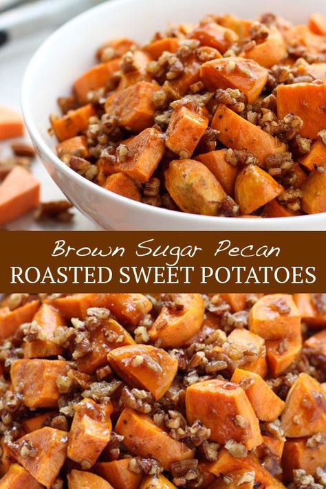 Brown Sugar Pecan Roasted Sweet Potatoes - quick, yummy, healthy-ish and easy side dish recipe! Sweet potatoes tossed in brown sugar, butter and crunchy pecans, then baked in the oven. Vegetarian. #side #sidedish #sweetpotato #vegetarian #healthyish #recipe #dinner #joyousapron Sweet Potato Recipes For One, Sweet Potatoes With Brown Sugar, Pecan Roasted, Brown Sugar Sweet Potatoes, Sweet Potato Oven, Sweet Potato Side Dish, Sweet Potato Recipes Roasted, Sweet Potato Sides, Sweet Potato Pecan