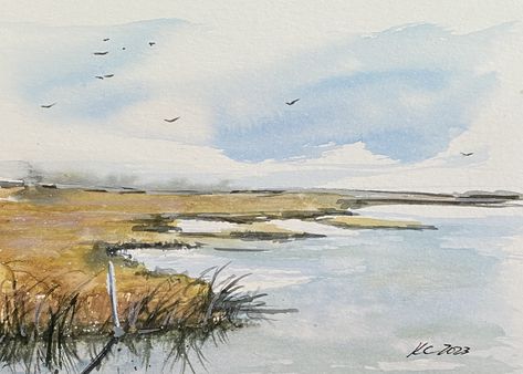 "Surf City Beach Marsh, North Carolina - Watercolor Original Art Bring the vibrant and serene beauty of North Carolina's Surf City Marsh to life with this stunning watercolor original art piece. With delicate brushstrokes and a soothing color palette, this piece captures the nature Marsh with breathtaking detail. This mini-painting is perfect for adding a touch of coastal charm to any room, whether it's at home, in the office, or as a thoughtful gift. Measuring 5x7\" and presented in a mat, this Surf City North Carolina, Loose Painting, North Carolina Art, North Carolina Beaches, Watercolor Water, Watercolor Journal, Surf City, Coastal Charm, Watercolor Art Lessons