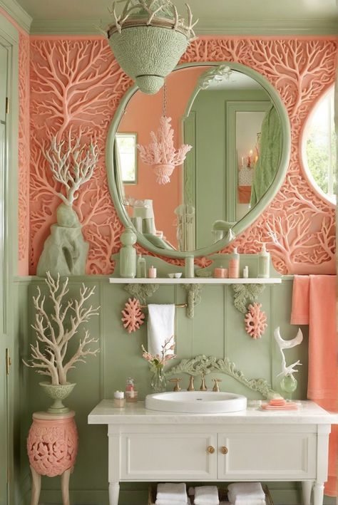 Why Sage Green Whispers? The Romance of Coral Bathroom Retreats [2024] Unveiled! #Ad #homedecor #homedesign #fixhome #Painthome #interiorarchitecture Salmon Bathroom Ideas, Green And Pink Bathroom Ideas, Coral Pink Bathroom, Coral Bathroom Decor, Coral Paint Colors, Coral Color Schemes, Coral Bathroom, Romantic Bathrooms, Bathroom Mural