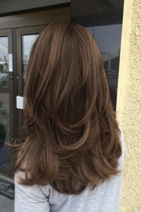 hair inspo with long layers, blowout, brunette hair inspo, 90s haircut inspo Medium Length Haircut For Thick Hair Layers, Hair Cut 2024 Girl, Hair Cut Style For Girls 2023, U Shape Layered Haircut, Layered Long Brown Hair, Brown Hair Butterfly Cut, Viviane Audi Hair, Layed Hair Medium, Layered Hair For Thinner Hair