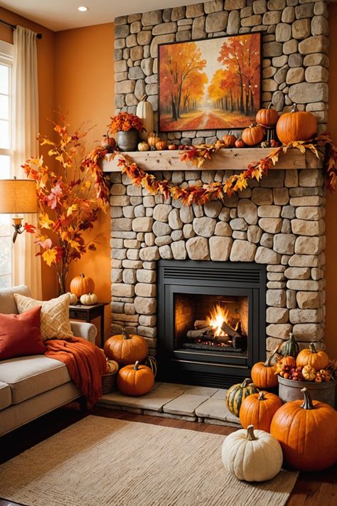 20 Fall Decor Ideas – ToolzView Living Room Halloween, Halloween Living Room Decor, Wood Mantle Fireplace, Halloween Living Room, Fireplace Shelves, Rustic Halloween, Modern Halloween, Fall Decor Inspiration, Fall Decor Ideas