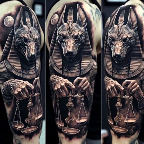 Anubis Sleeve Tattoo, Arm Cover Up Tattoos, Rare Tattoos, Gang Tattoos, Left Arm Tattoos, Egyptian Tattoo Sleeve, Cowboy Tattoos, Cool Nature, Anubis Tattoo