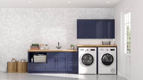 Navy Blue Shaker Kitchen Cabinets Laundry Room Navy, Blue Laundry Room Ideas, Navy Blue Laundry Room, Cabinets Wallpaper, Blue Shaker Kitchen Cabinets, Blue Laundry Room, Laundry Room Storage Cabinet, Blue Shaker Cabinets, Blue Shaker Kitchen