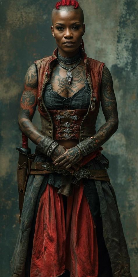 Black Pirates, Barbarian Costume, African Portraits Art, Barbarian Woman, Egyptian Warrior, Woman With Tattoos, Warhammer Fantasy Roleplay, Sf Art, Digital Art Photography