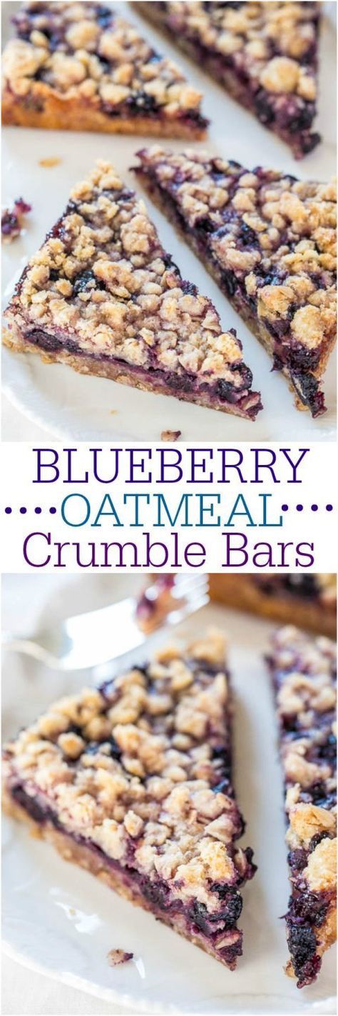 Blueberry Oatmeal Crumble Bars - Fast, easy, no-mixer bars great for breakfast, snacks, or a healthy dessert! BIG crumbles and juicy berries are irresistible!! Oatmeal Crumble Bars, Oatmeal Crumble Topping, Oatmeal Crumble, Weight Watcher Desserts, Blueberry Bars, Blueberry Oatmeal, Crumble Bars, Low Carb Dessert, Blueberry Recipes