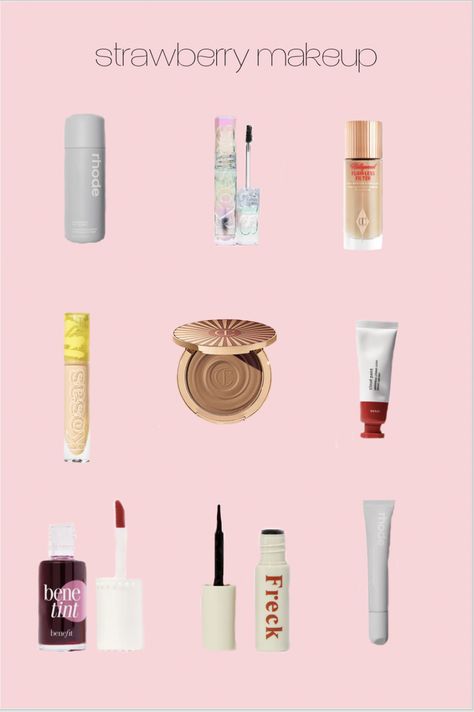 Strawberry Makeup Products, Strawberry Makeup Aesthetic, Strawberry Makeup Look, Charlotte Tilbury Bronzer, Kosas Concealer, Benefit Benetint, Makeup Glossier, Strawberry Makeup, Rhode Lip