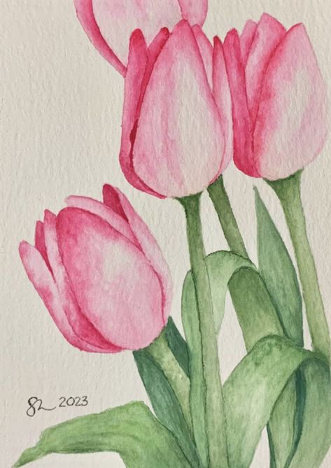 Tulip Watercolour Painting, Beginning Watercolor Painting, Things To Draw With Watercolor, Tulips Drawing Aesthetic, Watercolor Paintings Aesthetic, Water Colours Painting For Beginners, Aesthetic Watercolour Painting, Flower Drawing Watercolor, Tulip Watercolor Painting