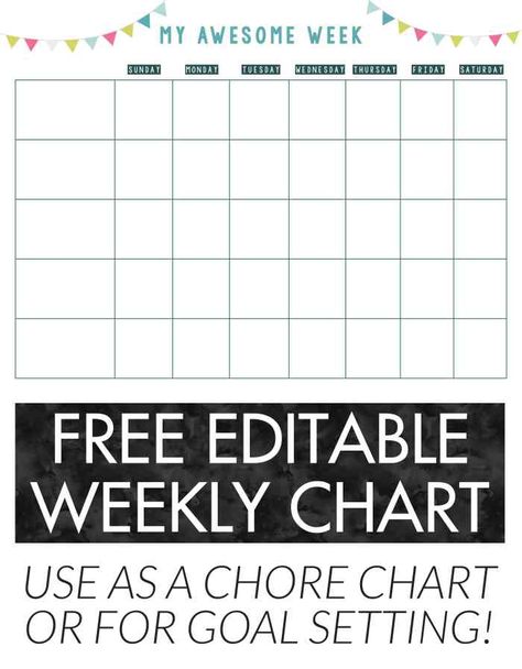 FREE editable weekly chart - great to use as a chore chart for kids or goal setting! You can type in the PDF yourself and print! Editable Chore Chart, Weekly Chore Charts, Printable Reward Charts, Goal Charts, Chore Chart Template, Weekly Chores, Reward Chart Kids, Kids Rewards, Printable Chore Chart